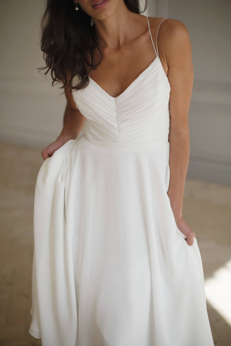 Wedding dress, Simple chiffon wedding dress, Beach wedding, Off-white bridesmaid dress, High low dresses, Spaghetti strap wedding dress image 1