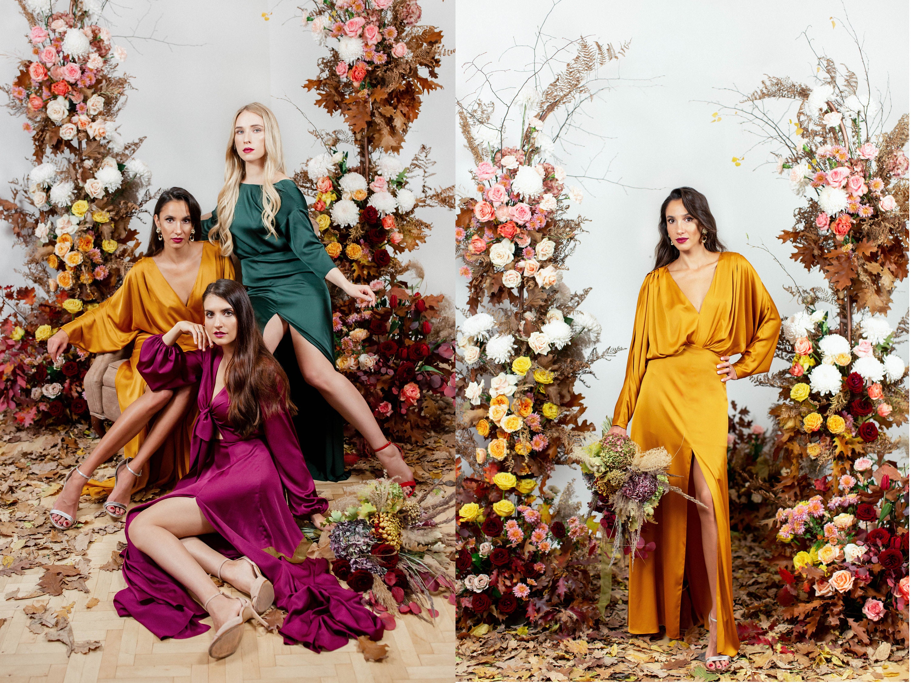Satin bridesmaid dress with long dolman sleeves, draped V-neckline, open back, A-line skirt, Maxi boho dress, Silk Prom dress, Unique, Gold