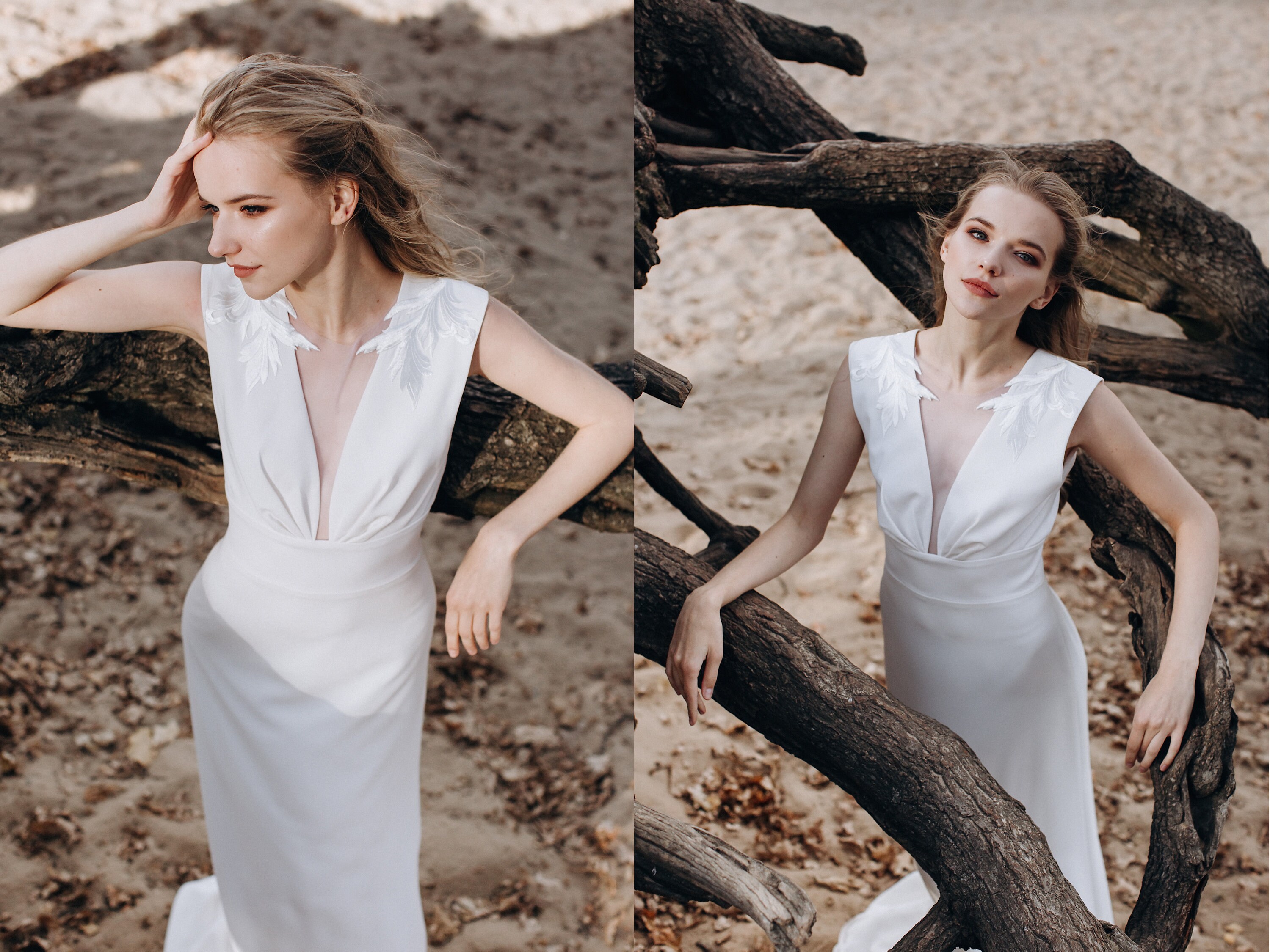 Simple crepe wedding dress with deep V-neckline, empire waist and A-line skirt