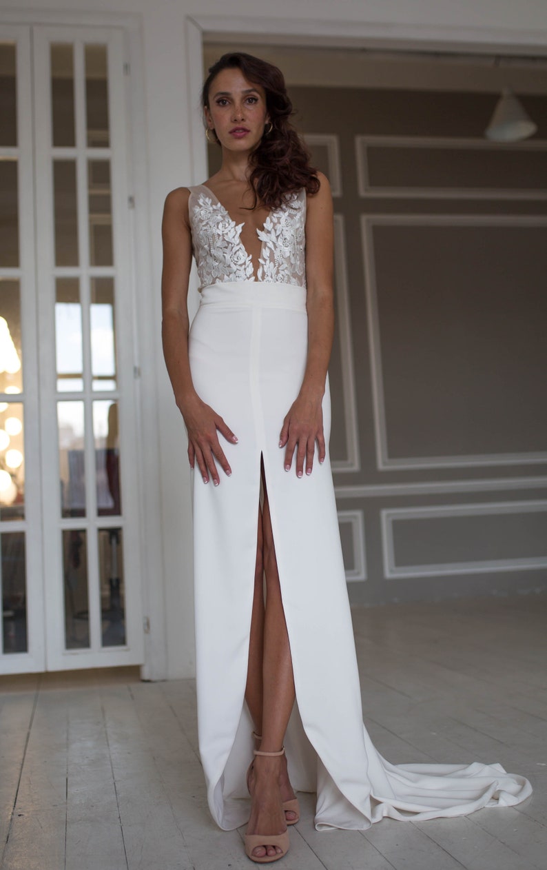 Long wedding skirt with front slit, Sheath wedding skirt, Sleek fitted wedding skirt with train, Sexy fit-and-flare wedding dress image 3