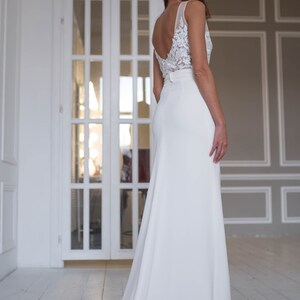 Modern wedding gown, open back, deep V neckline, two piece wedding dress, lace top, long skirt with train, sexy wedding dress image 8