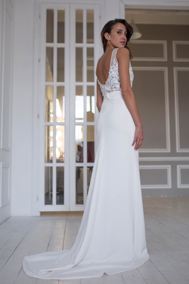 Modern wedding gown, open back, deep V neckline, two piece wedding dress, lace top, long skirt with train, sexy wedding dress image 8