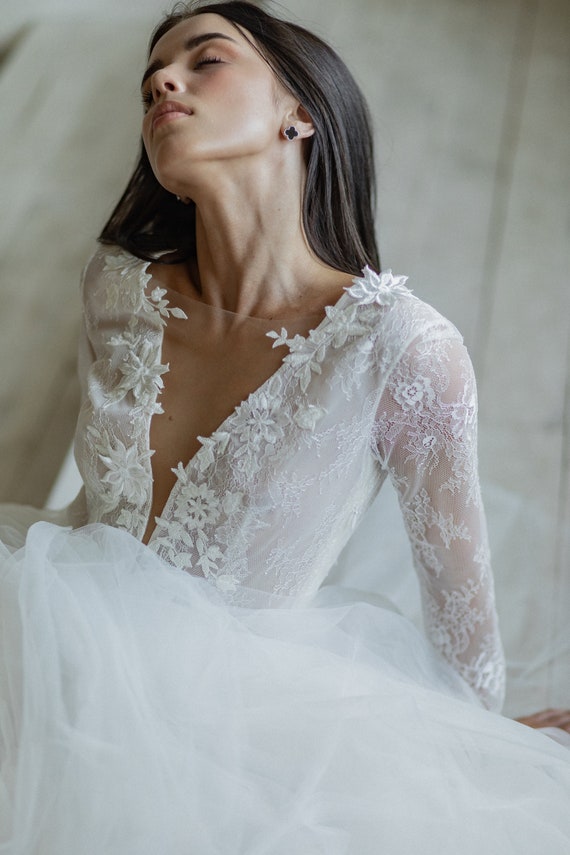 Lace Bridal Bodysuit With Long Sleeves, Open Back, Deep V Plunge