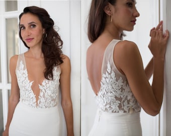 Lace wedding bodysuit, Bridal top, Bridal separates, Bridal lace bodysuit with handmade floral appliqué, Illusion top, Open back top, Sexy