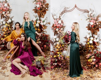 Green bridesmaid dress in satin silk with boat neck, tie back detail, A-line skirt with center front slit/ Long silk dress/ Formal dress