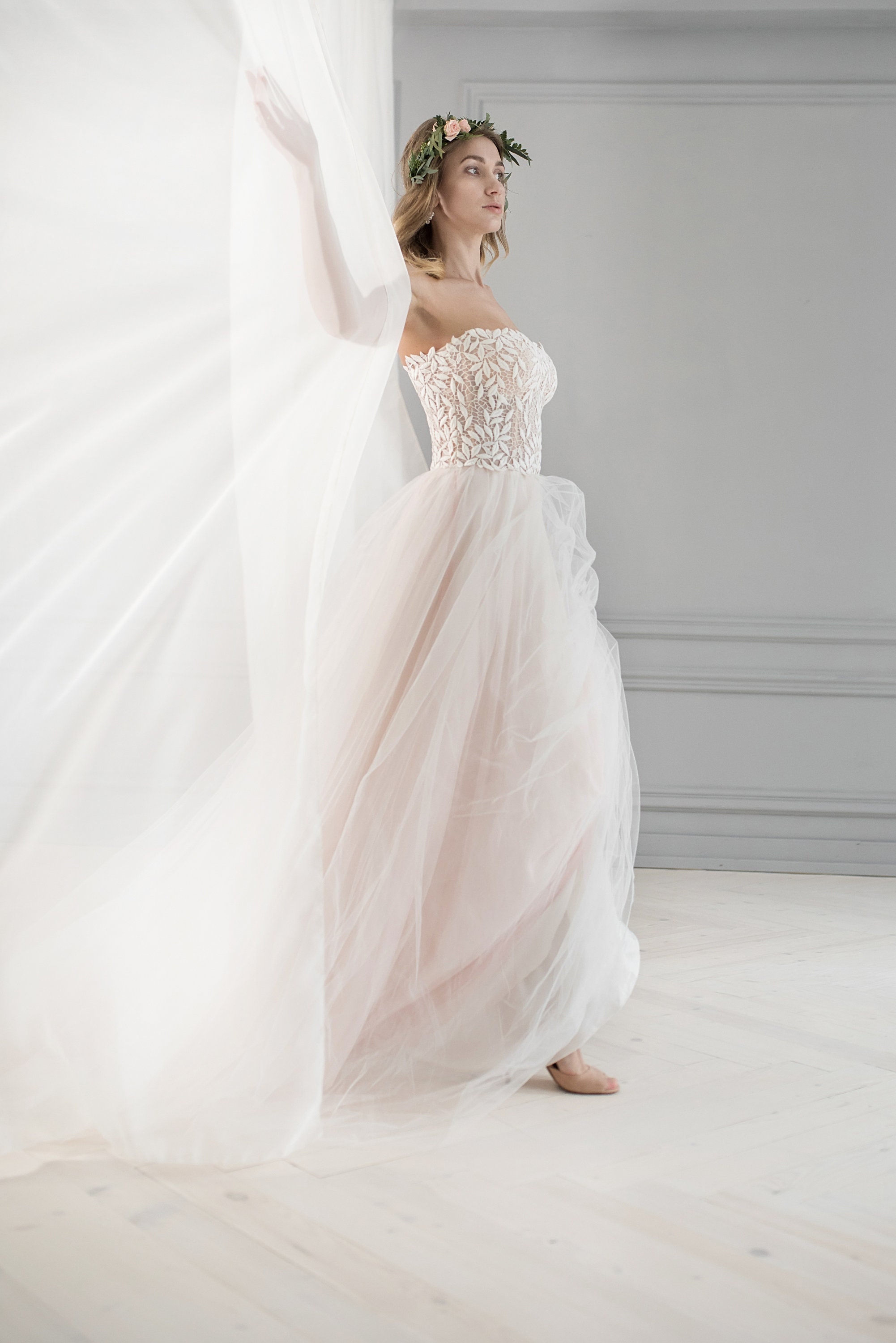 chinese dress ladies Lace Bodice Tulle Skirt Bridal Gown with a Low V Back Minimalist Weddi –  Musebridals main image 0
