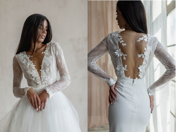 Lace Bridal Bodysuit With Long Sleeves, Open Back, Deep V Plunge