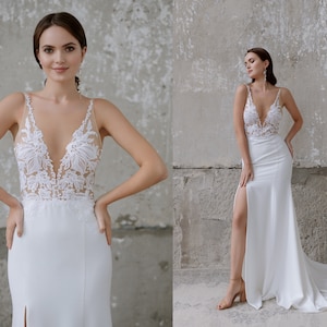 Fitted wedding dress with lace top and crepe skirt, side slit, deep neckline, thin straps, backless/Modern, simple, elegant bridal gown