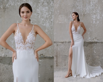 Fitted wedding dress with lace top and crepe skirt, side slit, deep neckline, thin straps, backless/Modern, simple, elegant bridal gown
