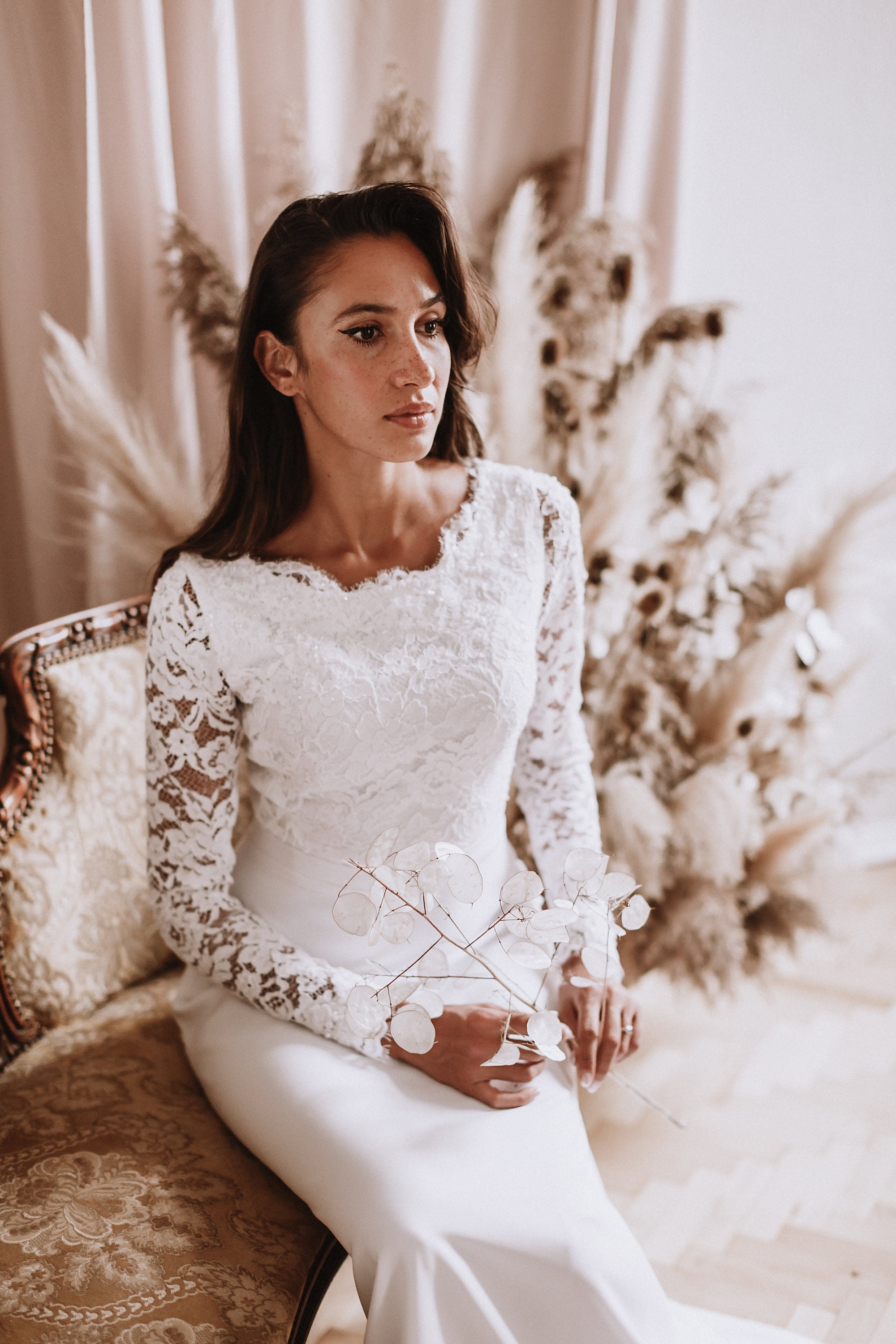 long sleeve lace bodice wedding dress Champagne Boho Wedding Dress with Floral Lace Applique