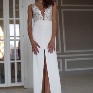 Modern wedding gown, open back, deep V neckline, two piece wedding dress, lace top, long skirt with train, sexy wedding dress image 6