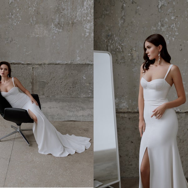 Simple & sexy crepe wedding dress with bustier top and long fitted skirt, high slit, scoop back/Modern/Minimalist bridal gown/Rehearsal