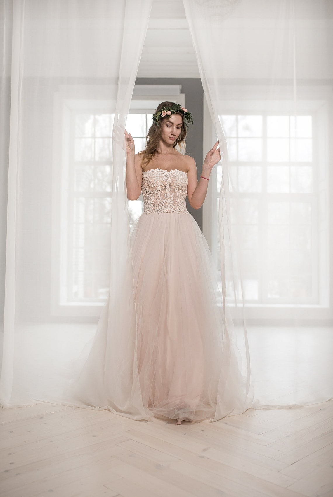 Lace Bodice Tulle Skirt Capelet Formal Gown White main image 1