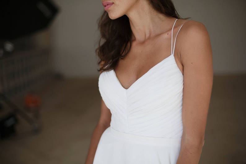 Wedding dress, Simple chiffon wedding dress, Beach wedding, Off-white bridesmaid dress, High low dresses, Spaghetti strap wedding dress image 7