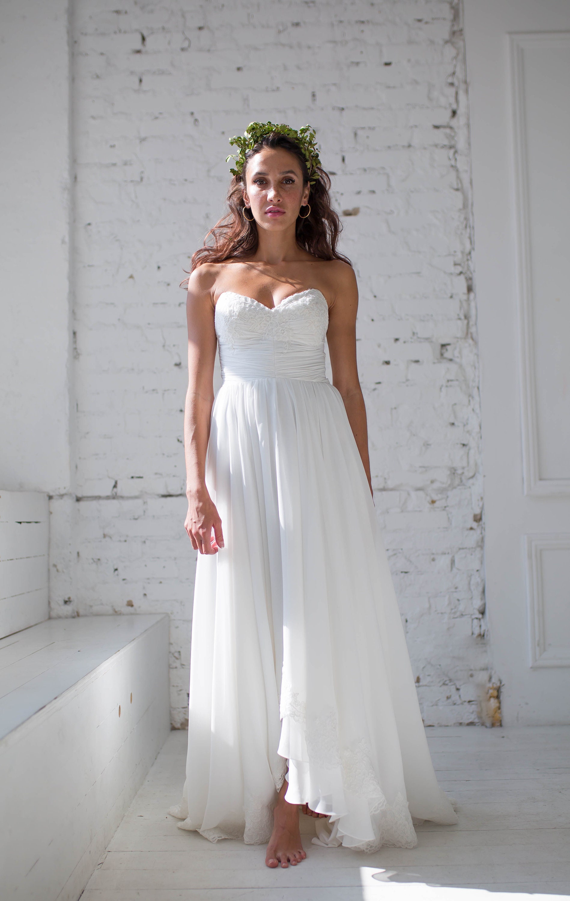 Chiffon Wedding Dress With Strapless Sweetheart Corset Bodice and A line High Low Skirt Lace Trimmed Beach Wedding Dress Boho Gown Etsy Canada