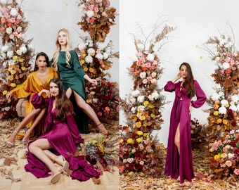 Long silk bridesmaid dress with sexy cut out front tie detail, long bishop sleeves, maxi skirt with side slit/ Custom bridesmaid dress/Mauve