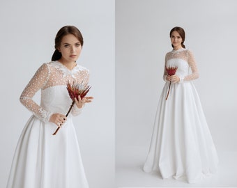 Modest wedding dress with long sleeves, full length satin skirt, simple lace embroidery, high neckline/Modern and simple bridal gown/Classic
