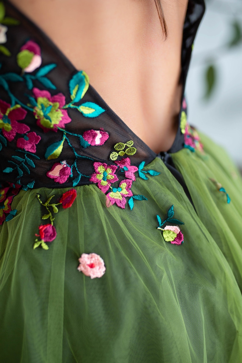 Color wedding dress Non-traditional wedding dress Green tulle skirt Floral embroider Open back Alternative bride Bridal gown Fairy Ball gown image 9