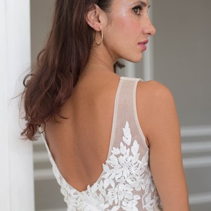 Modern wedding gown, open back, deep V neckline, two piece wedding dress, lace top, long skirt with train, sexy wedding dress image 9