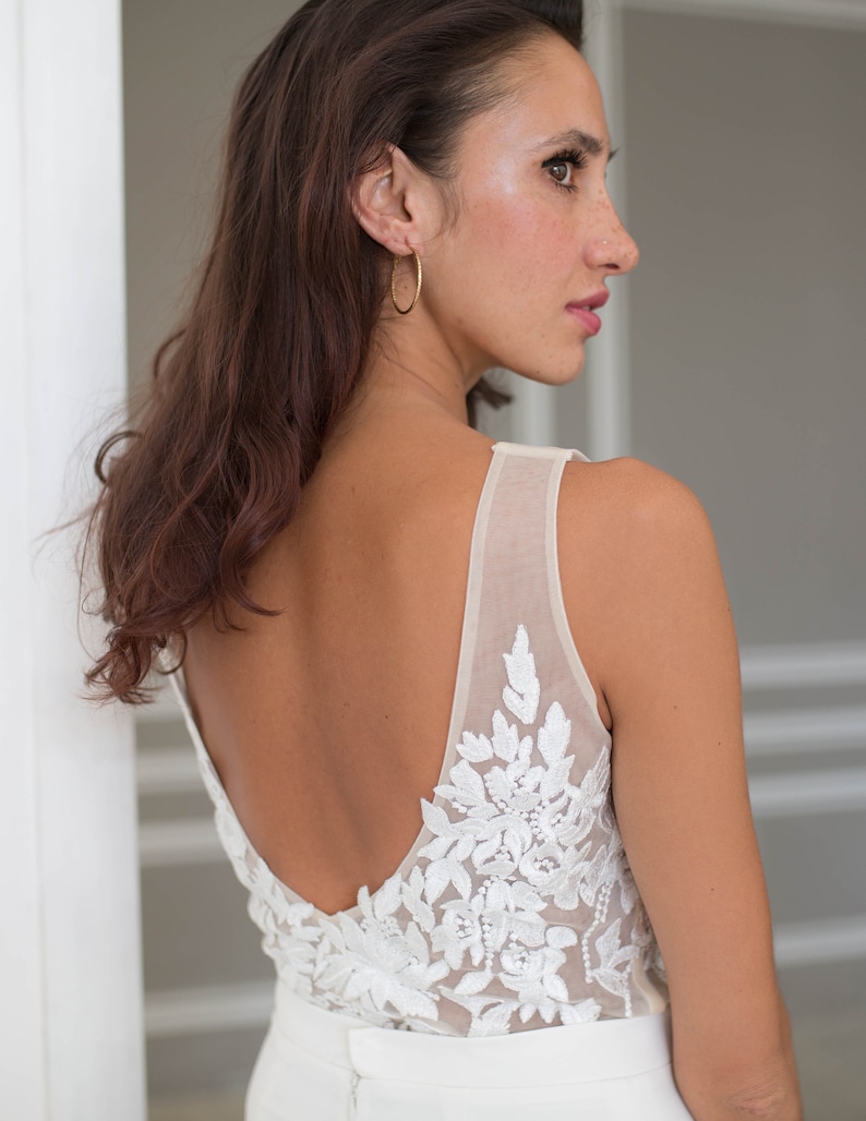 Modern wedding gown, open back, deep V neckline, two piece wedding dress, lace top, long skirt with train, sexy wedding dress image 9