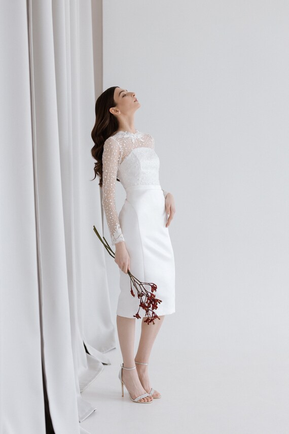 Short, Simple & Elegant Wedding Dress with Fitted Satin Skirt, Polka Dot Lace Top, Long Sleeves and Boat Neckline