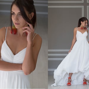 Chiffon wedding dress, Beach wedding dress with hi low skirt, boned bodice and spaghetti straps, Minimal wedding dress, Chiffon gown
