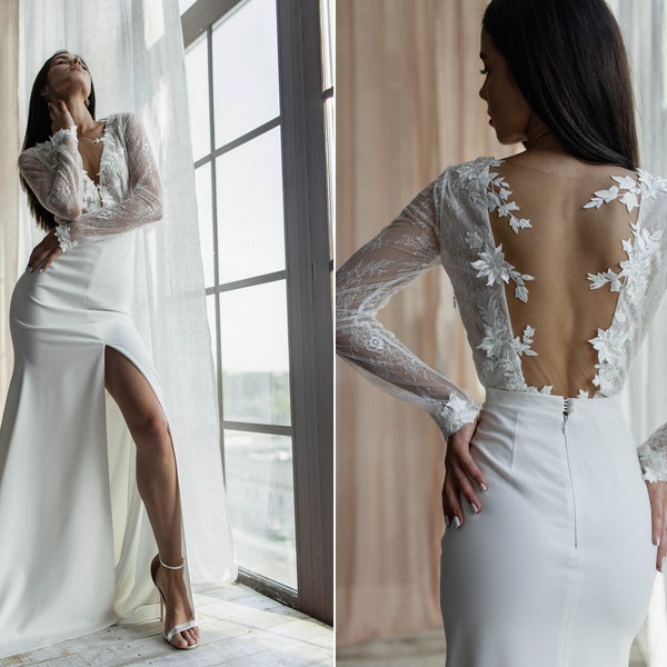 Lace & crepe wedding dress with long sleeves, open back, deep V, center slit/ Backless crepe bridal gown with long lace sleeves/ Mermaid