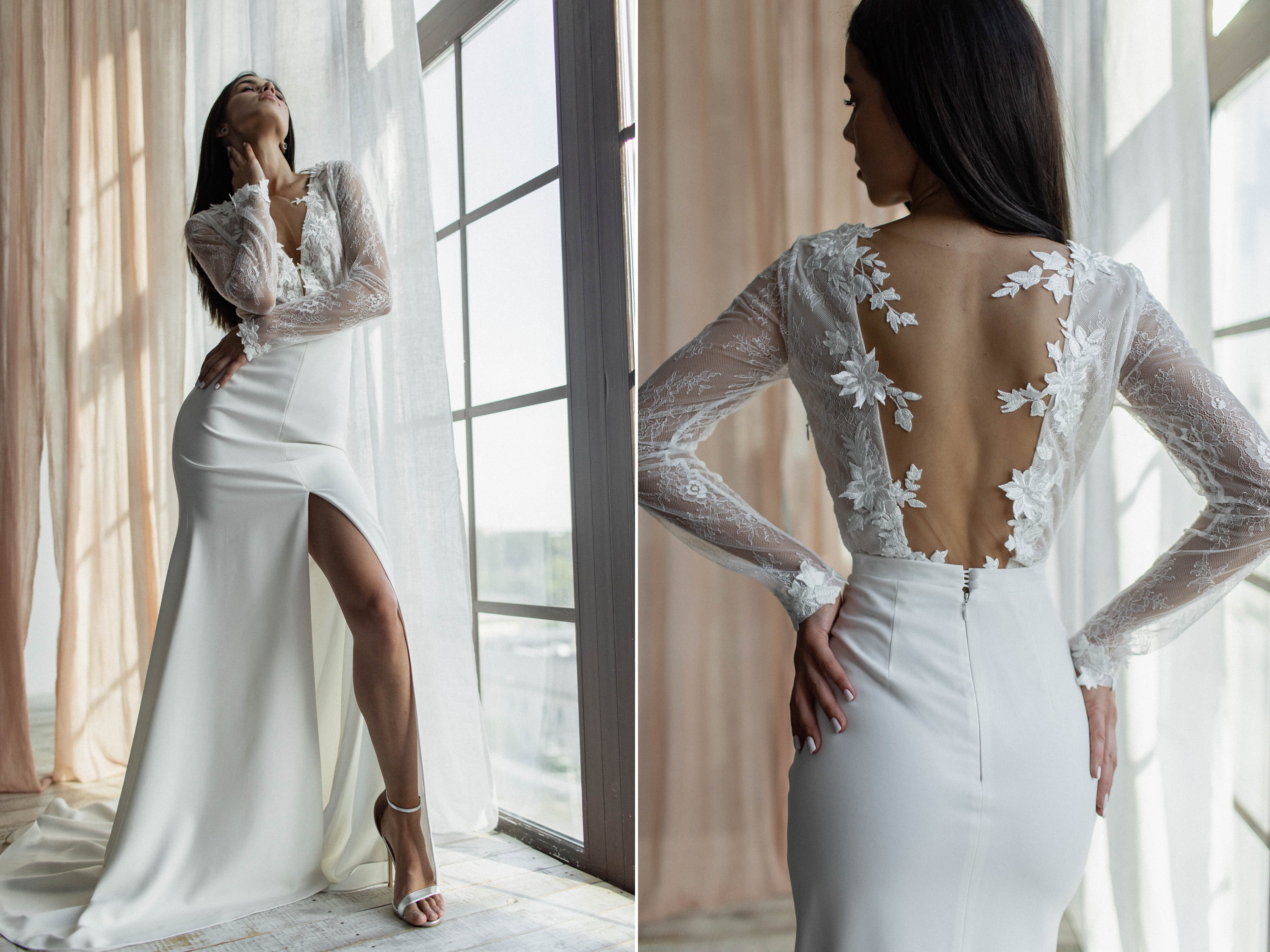 Lace & Crepe Wedding Dress With Long Sleeves, Open Back, Deep V, Center  Slit/ Backless Crepe Bridal Gown With Long Lace Sleeves/ Mermaid 
