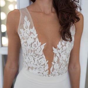 Modern wedding gown, open back, deep V neckline, two piece wedding dress, lace top, long skirt with train, sexy wedding dress image 5