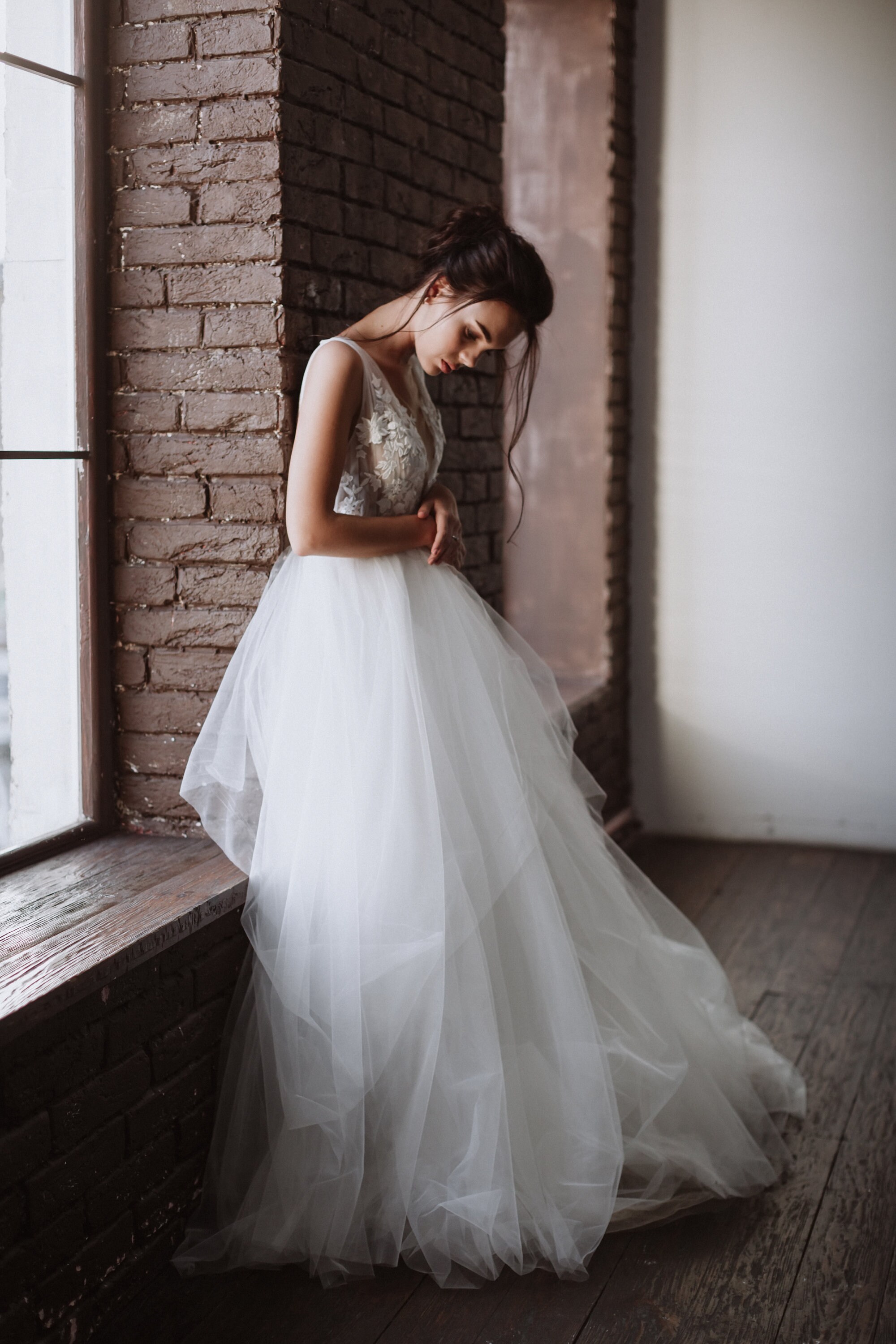 Plunging V-neckline wedding dress Floral embroidery Flowy | Etsy
