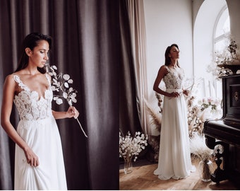 Sexy yet elegant wedding dress/Illusion lace top, low back, plunging neckline, flowy chiffon skirt with side slit/Bohemian and rustic