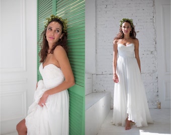 Schönes Strandkleid, Boho Brautkleid, Schlichtes Chiffon und Spitze Brautkleid, Romantisches Elfenbein Brautkleid, Sweetheart Korsett Mieder