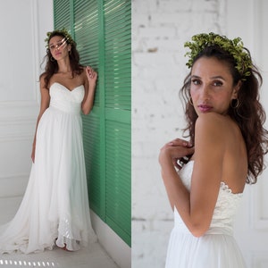 Chiffon wedding dress with strapless sweetheart corset bodice and A-line high low skirt, Lace trimmed beach wedding dress, Boho gown