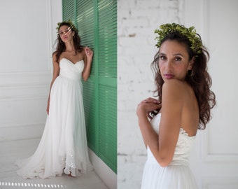 Chiffon wedding dress with strapless sweetheart corset bodice and A-line high low skirt, Lace trimmed beach wedding dress, Boho gown