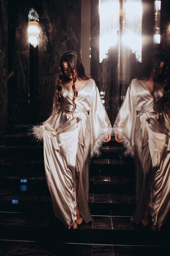 Long silk wedding robe with ostrich feathers