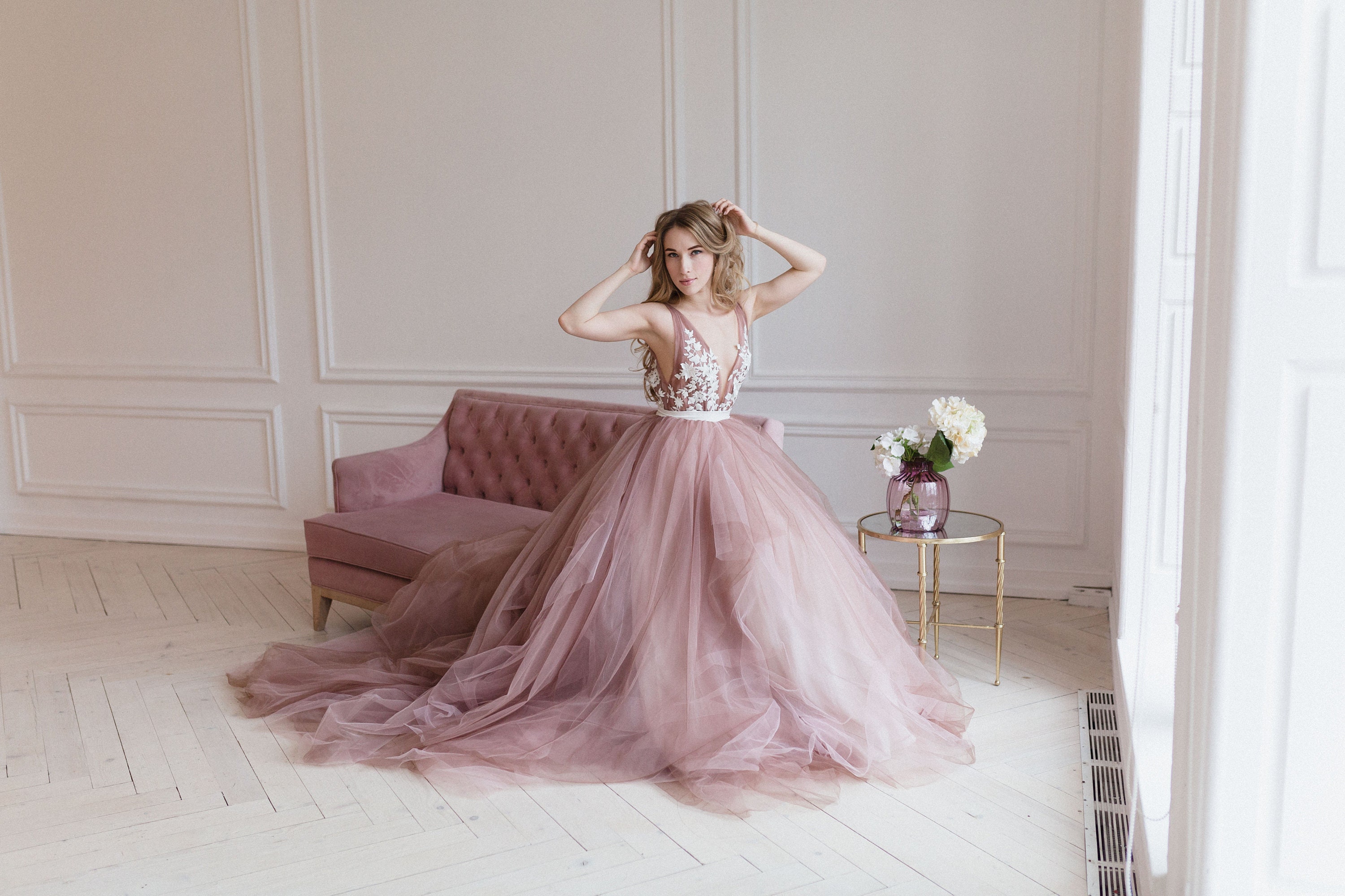 Pink Tulle Wedding Dress Puffy Ball Gown Skirt Deep V-neckline Open ...