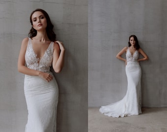 Fit and flare leaf lace wedding dress with deep V-neck, open back, train/Illusion bodice/Sleeveless/Nature inspired/Whimsical/Romantic gown