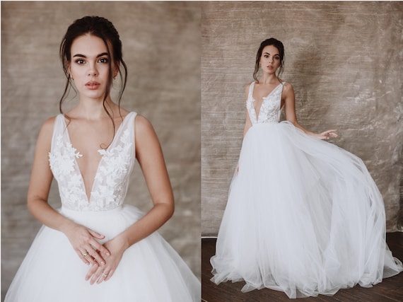 Deep V-neck Long A-line Lace Tulle Wedding Dresses, Floral Wedding Dresses, Flowy Bridal Gown Deep V-neck Long A-line Lace Tulle Wedding Dresses, Floral Wedding Dresses, Flowy Bridal Gown