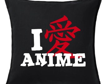 May include: Black square cushion featuring the words "I ANIME" in white. A red Japanese character is above "ANIME". This cushion is a decorative item.