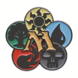 May include: A pin featuring the Magic: The Gathering logo. The pin has a gold glitter "M" in the center, surrounded by five colored symbols: a sun, a tree, a flame, a skull, and a water droplet. The pin has a black border.