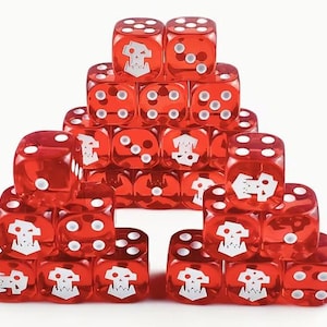 May include: A pyramid of translucent red dice with white pips and a skull emblem. The dice are arranged in a neat stack, showcasing the design and color of the gaming accessories.