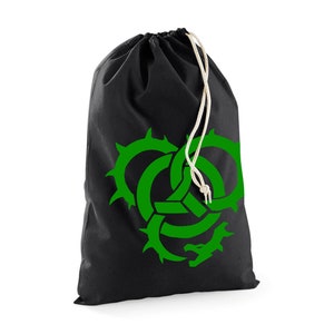 May include: Black drawstring bag with a green graphic of a stylised three-ring symbol.