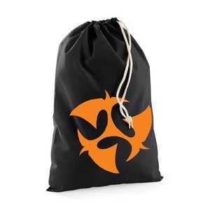 May include: Black drawstring bag with an orange stylised symbol on the front. The symbol is a three-pointed star with rounded edges.