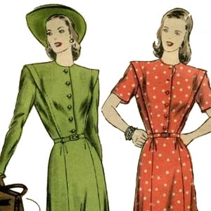 PDF - Patrón de costura vintage de los años 1940 - Vestido hasta la rodilla con botones delanteros - Busto 34" (86 cm) - Descargar
