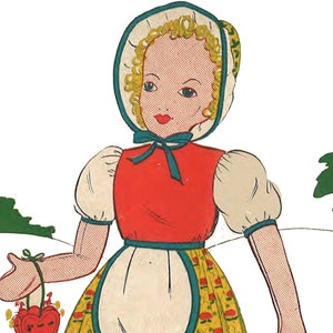Puede incluir: Una muñeca de papel con un corpiño rojo, una falda estampada en amarillo y rojo y un delantal blanco. La muñeca sostiene un objeto rojo en forma de corazón. Una muñeca de papel más pequeña con una falda roja y un corpiño amarillo está de pie detrás de la muñeca más grande.