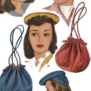 PDF - 1940s Hat & Drawstring Bag Sewing Pattern: Vintage Millinery, Head 23&quot;(58cm) - Download