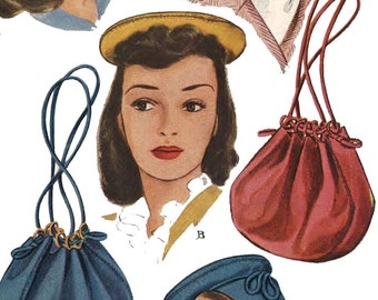 PDF - Vintage 1940's Sewing Pattern: Ladies Hats & Drawstring Bag Millinery - Head Siz 23"(58cm) - Instantly Print at Home