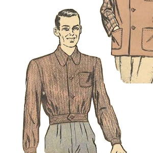 Puede incluir: Dos ilustraciones de camisas para hombres. La primera camisa es una chaqueta marrón con un patrón de cuadros en las mangas. La segunda camisa es una camisa marrón con un patrón de espiga. Ambas camisas tienen un frente abotonado y un cuello.