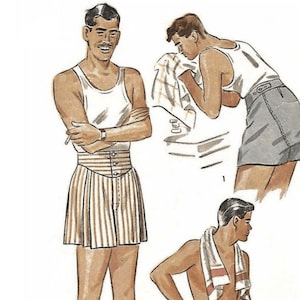 Può includere: Un'illustrazione vintage di costumi da bagno per uomo degli anni '40. L'illustrazione mostra tre uomini che indossano diversi stili di pantaloncini. Un uomo indossa un paio di pantaloncini a righe con una cintura, un altro indossa un paio di pantaloncini bianchi con un cordoncino e il terzo uomo indossa un paio di pantaloncini blu con una cintura.