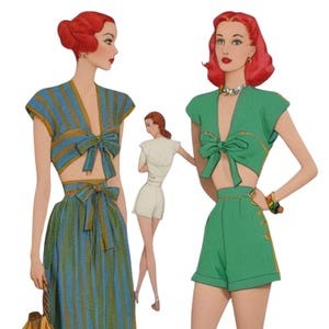 PDF - 1940s Beach Outfit Sewing Pattern: Tie Top, Shorts & Skirt, Bust 34&quot;(86cm) - Download